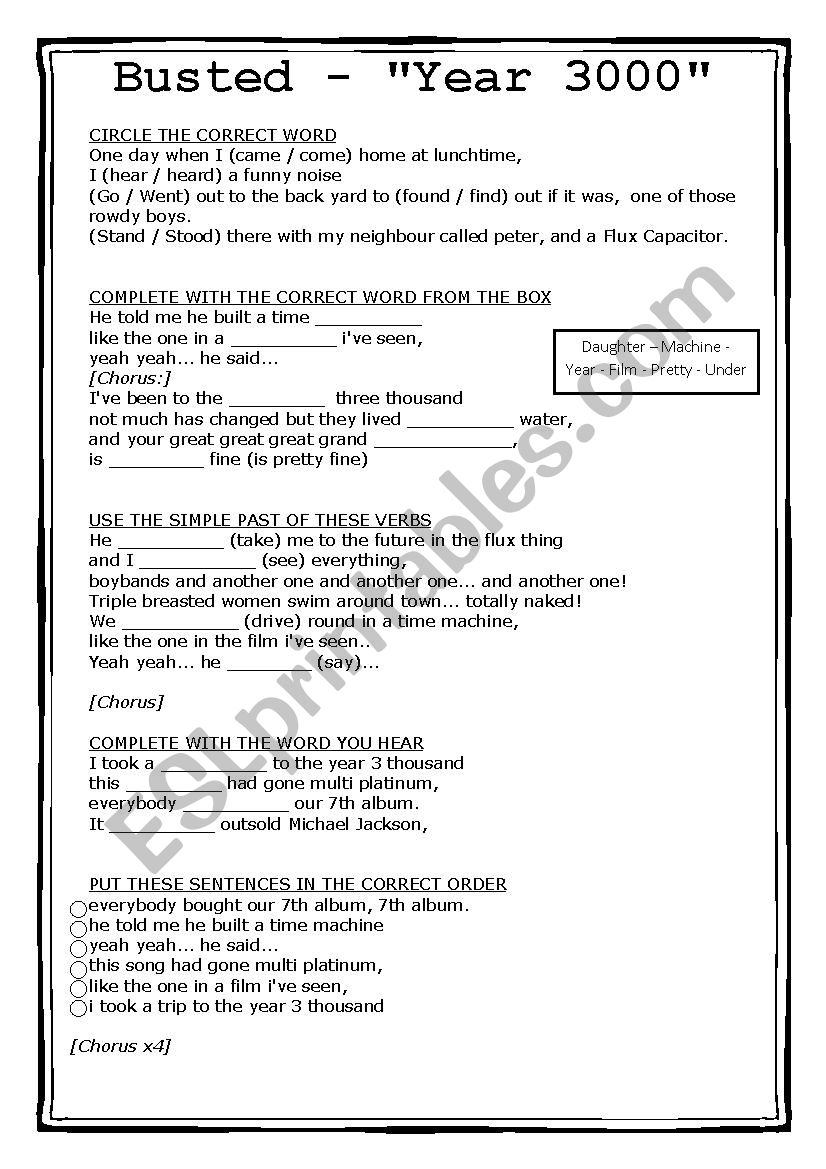 Song: Year 3000 - Busted  worksheet