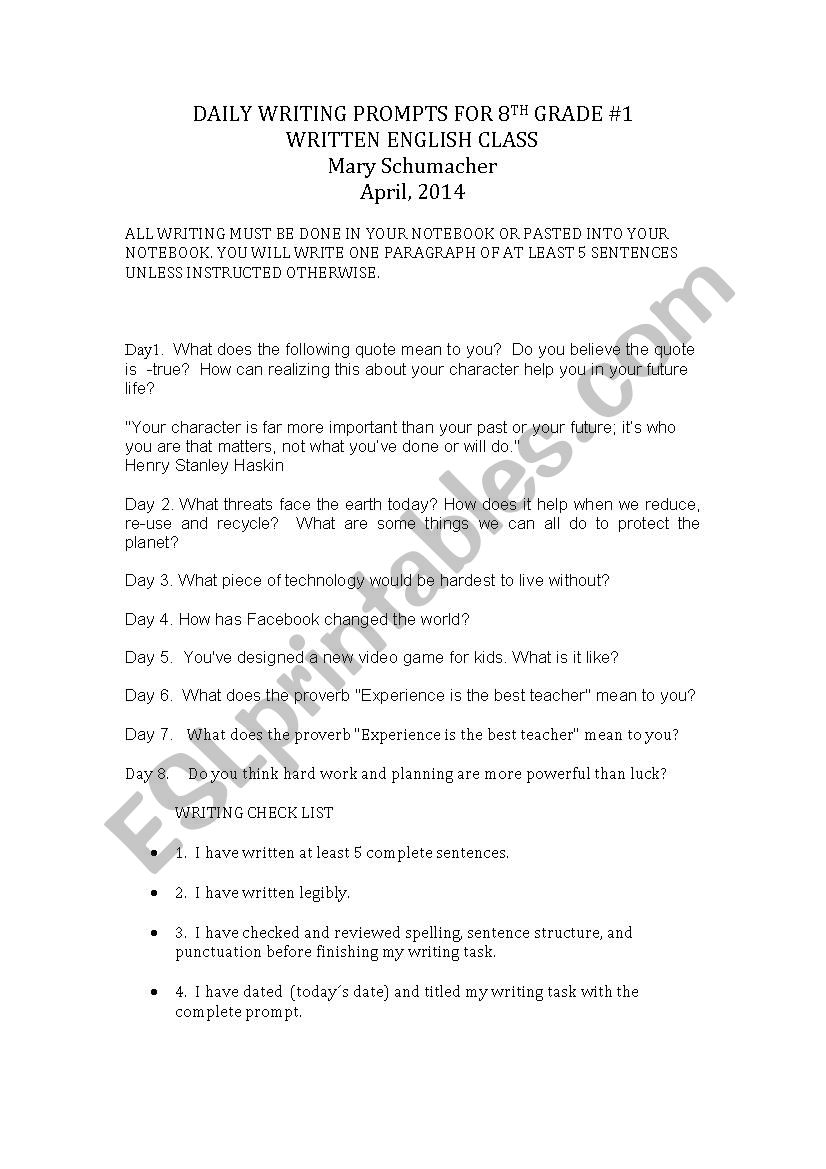 Daily writing promts for 8th grade