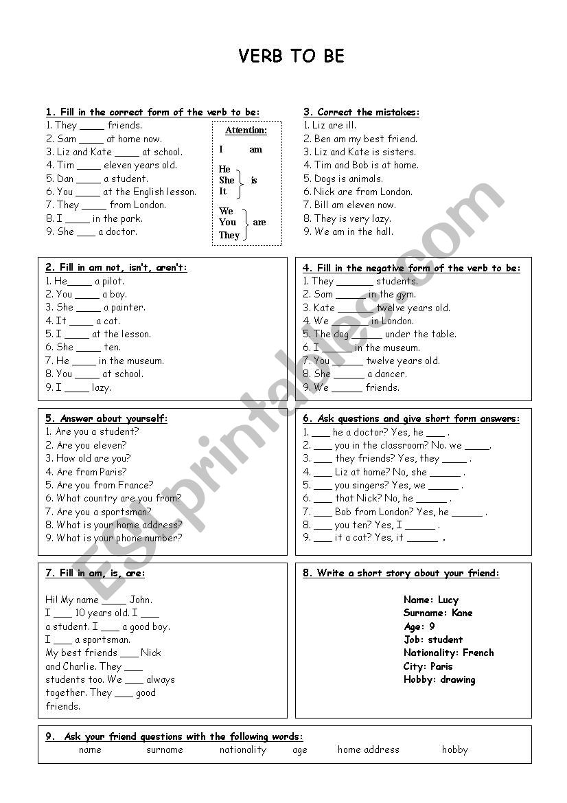 verb to be worksheet