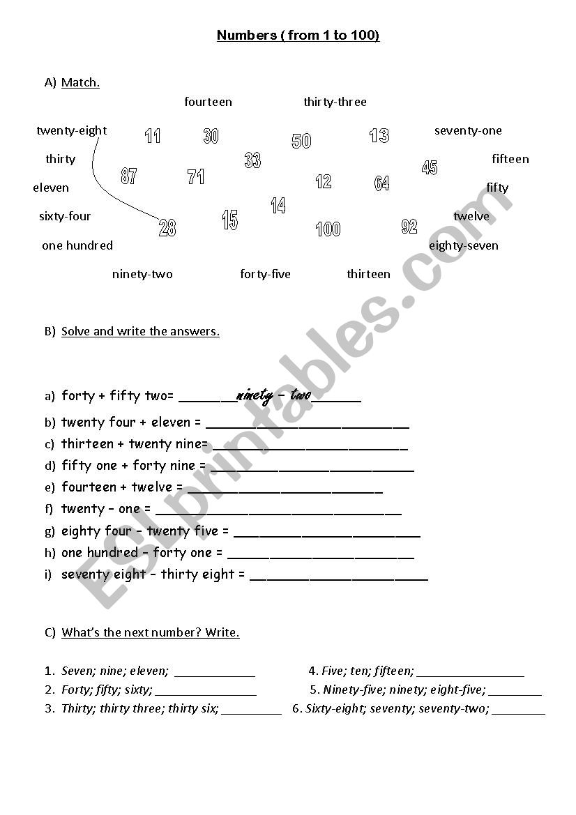 Numbers ( from 1 to 100) worksheet