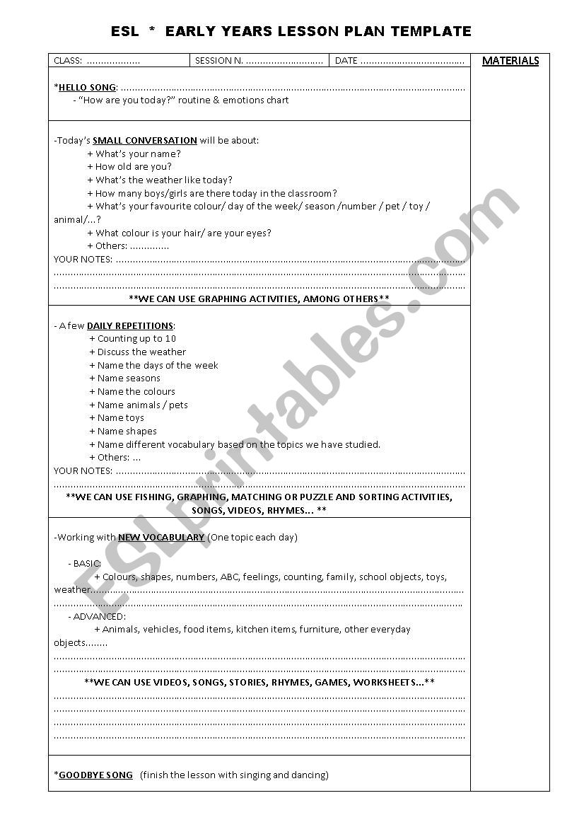 ESL EARLY YEARS LESSON PLAN TEMPLATE