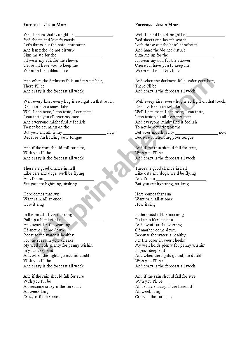 Forecast Song Jason Mraz worksheet