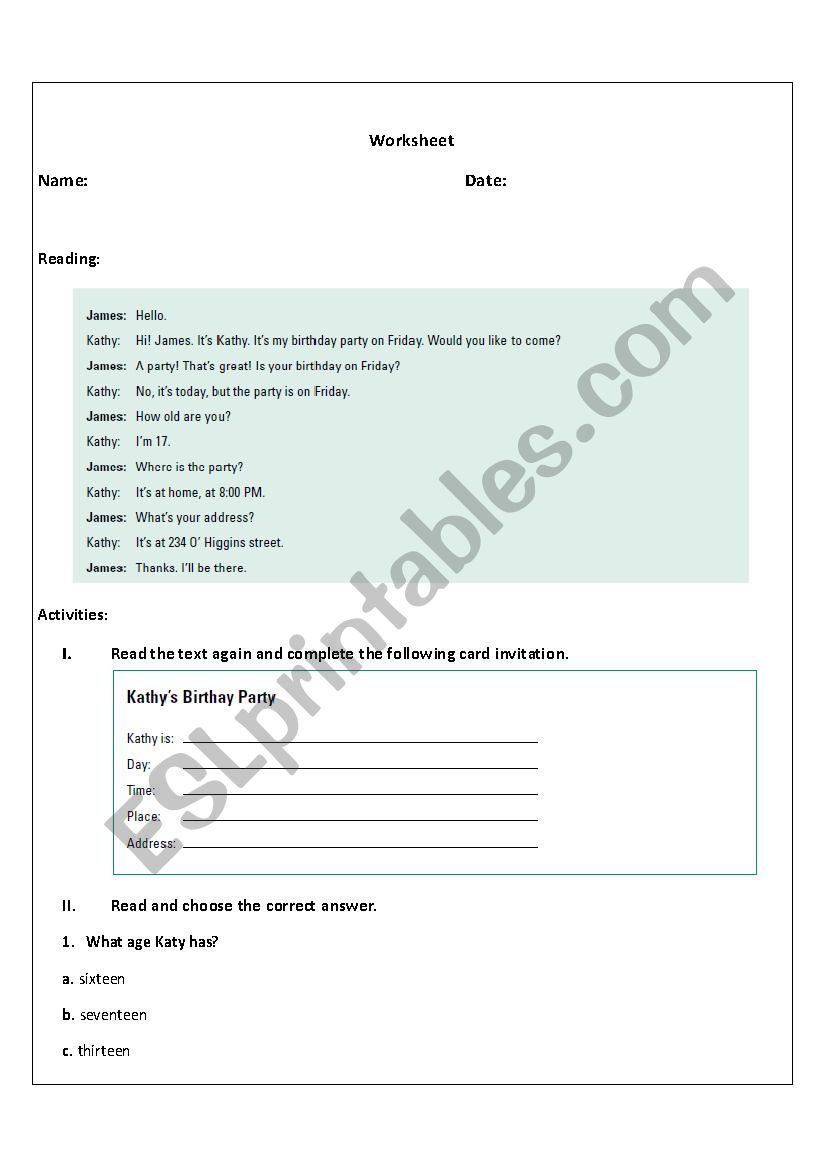 A birthday party worksheet