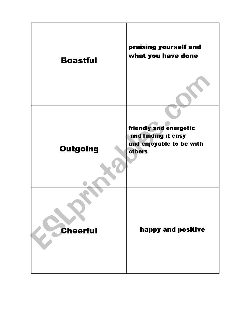 personality adjectives cards worksheet