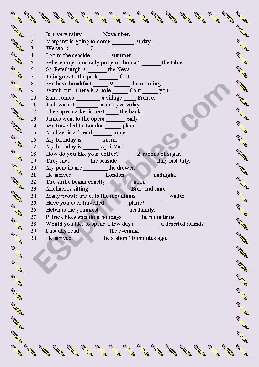 Prepositions: Revision worksheet