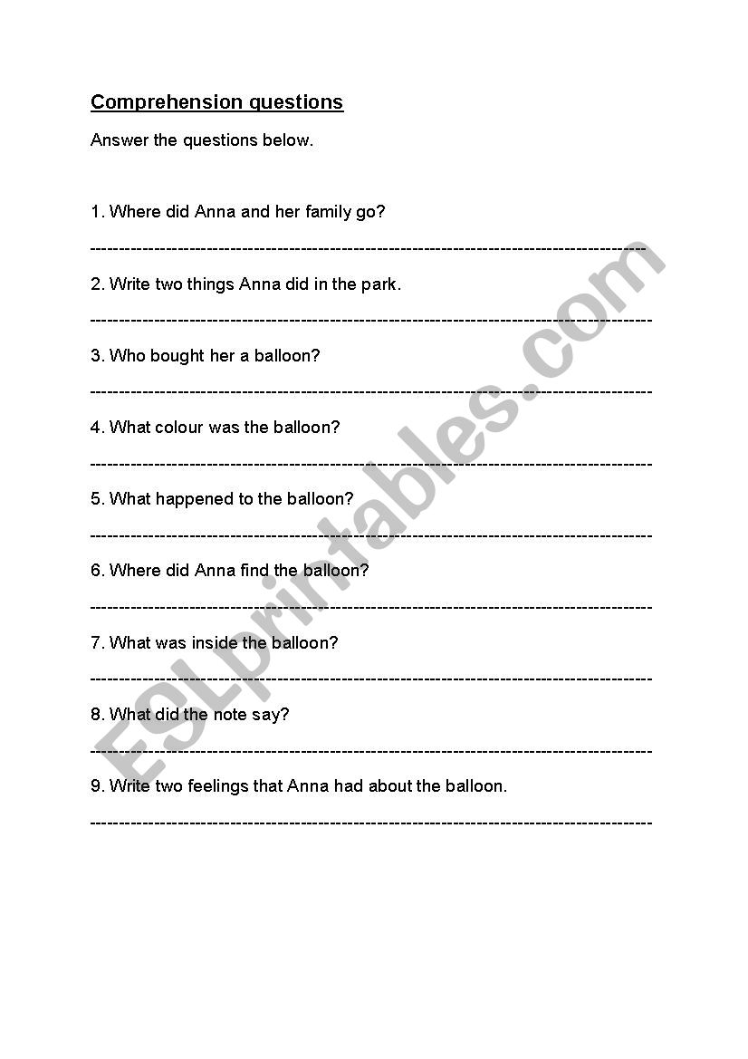 The Lost Balloon, Comprehension Questions