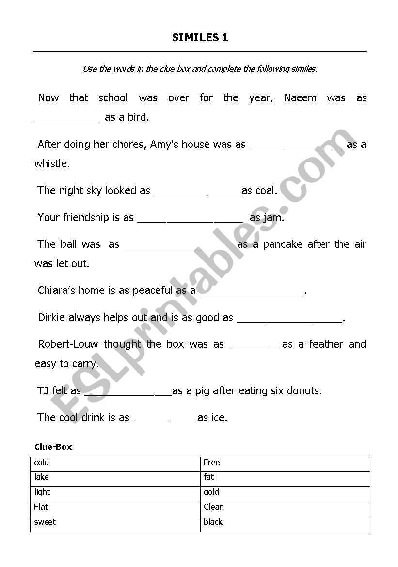 Worksheet for similes worksheet