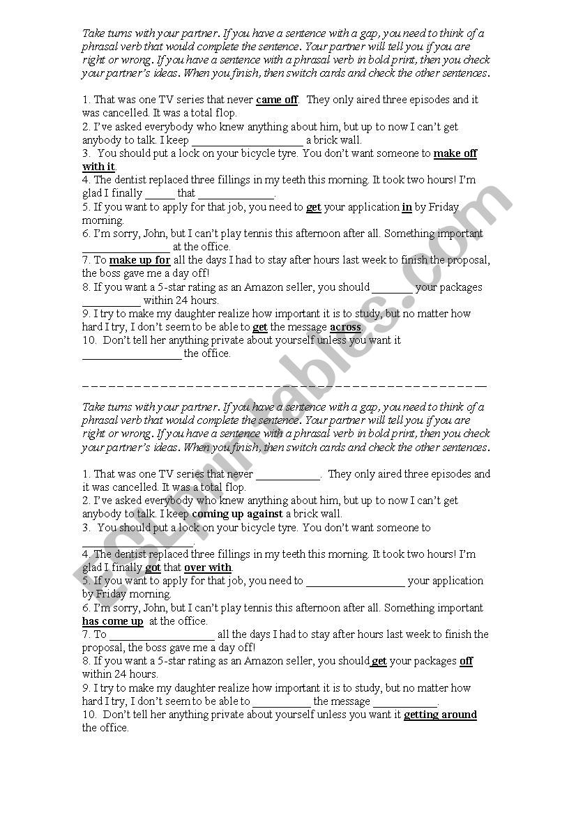 Phrasal Verbs Communication Activity in Pairs