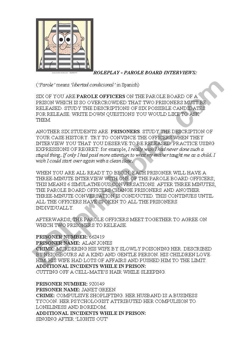 Parole Board Roleplay worksheet