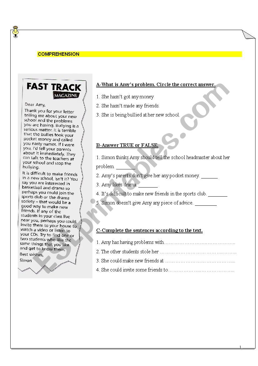 Bullying worksheet