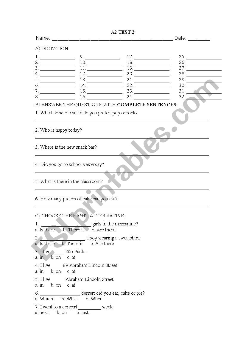 A1 SECOND TEST worksheet