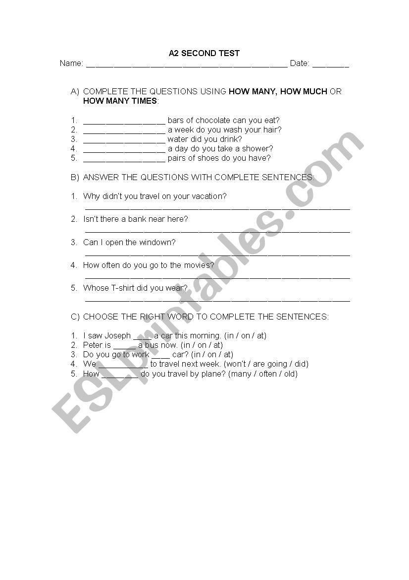 A2 TEST 1 worksheet