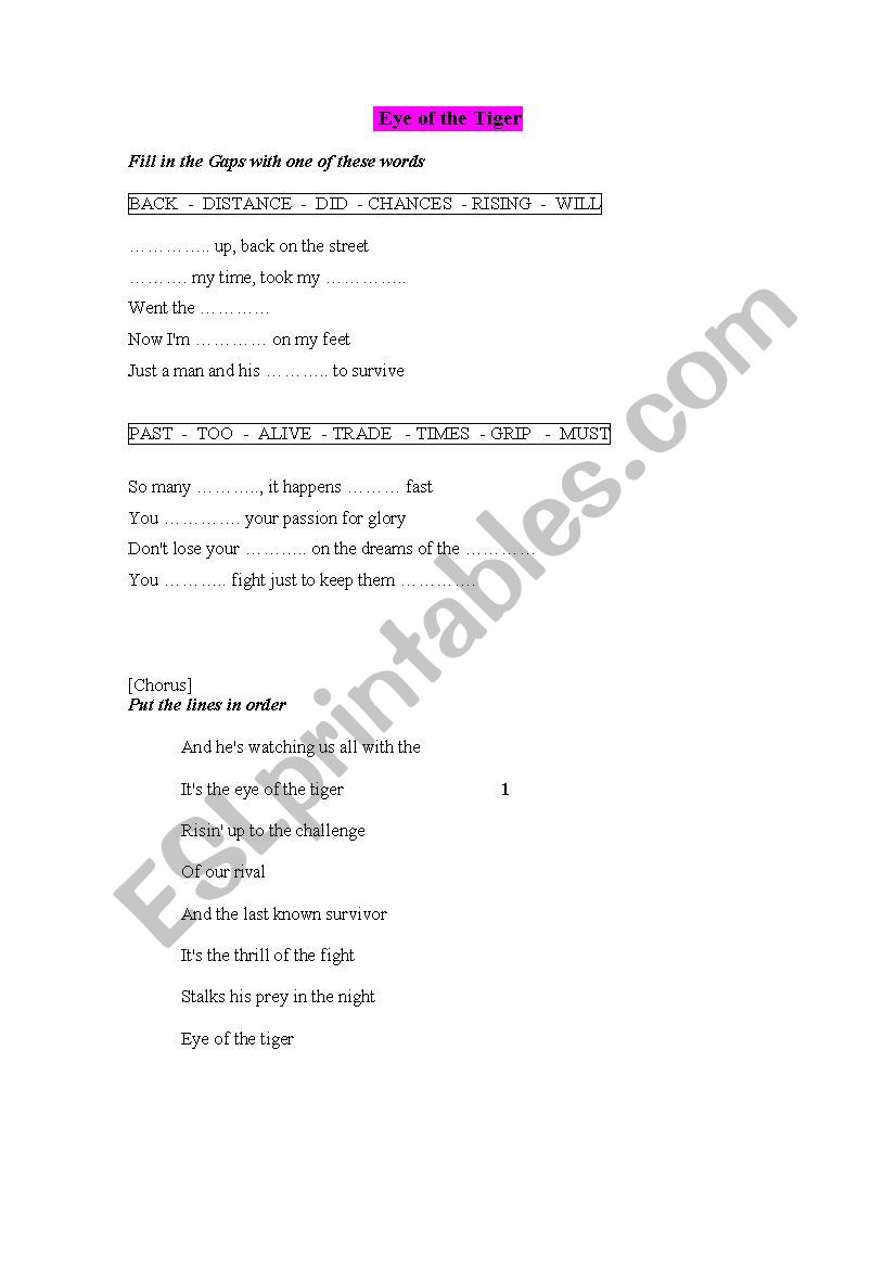 The Eye of the Tiger  worksheet