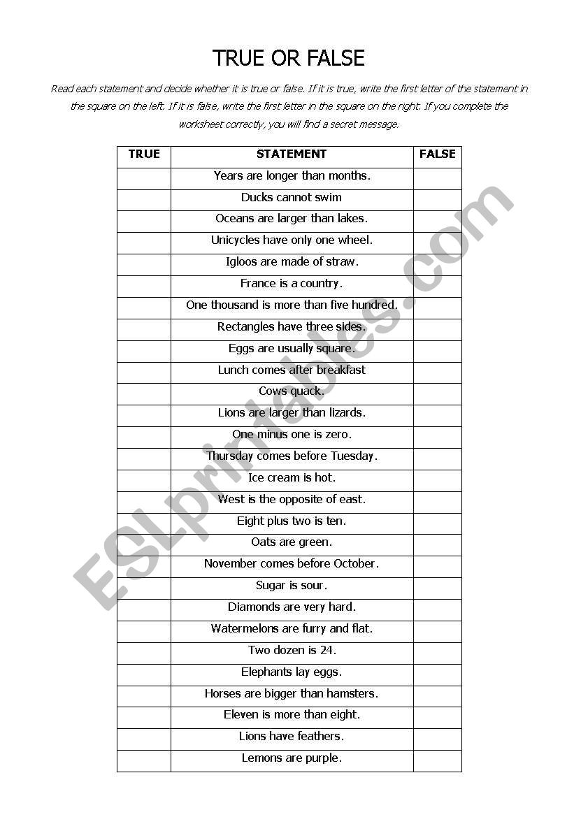 True Or False ESL Worksheet By Pia1313
