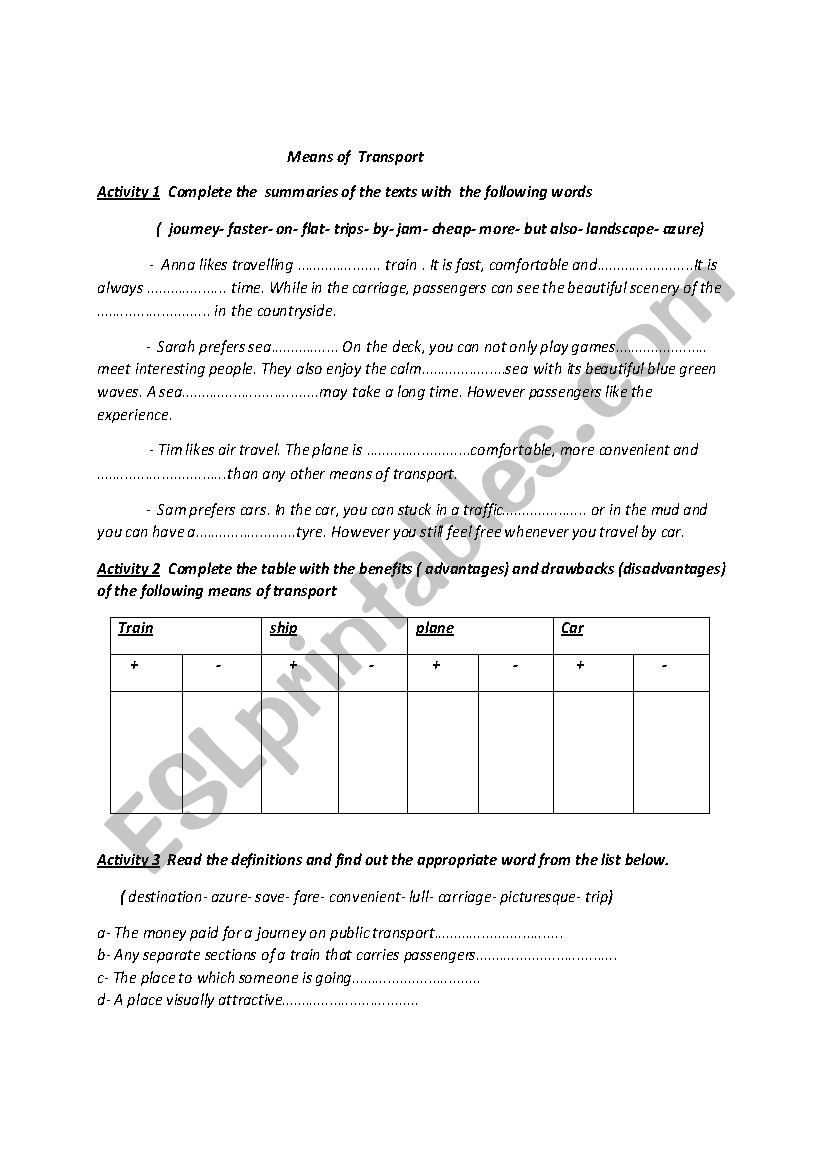 means of transport worksheet