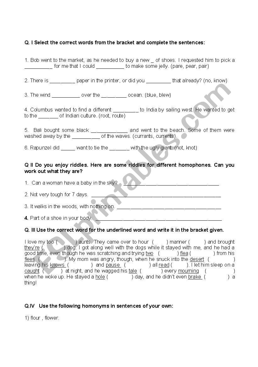 Homophones worksheet