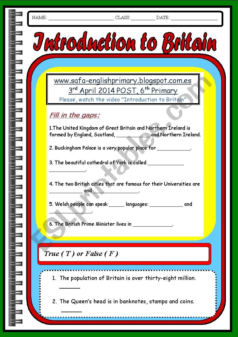 INTRODUCTION TO BRITAIN.  worksheet