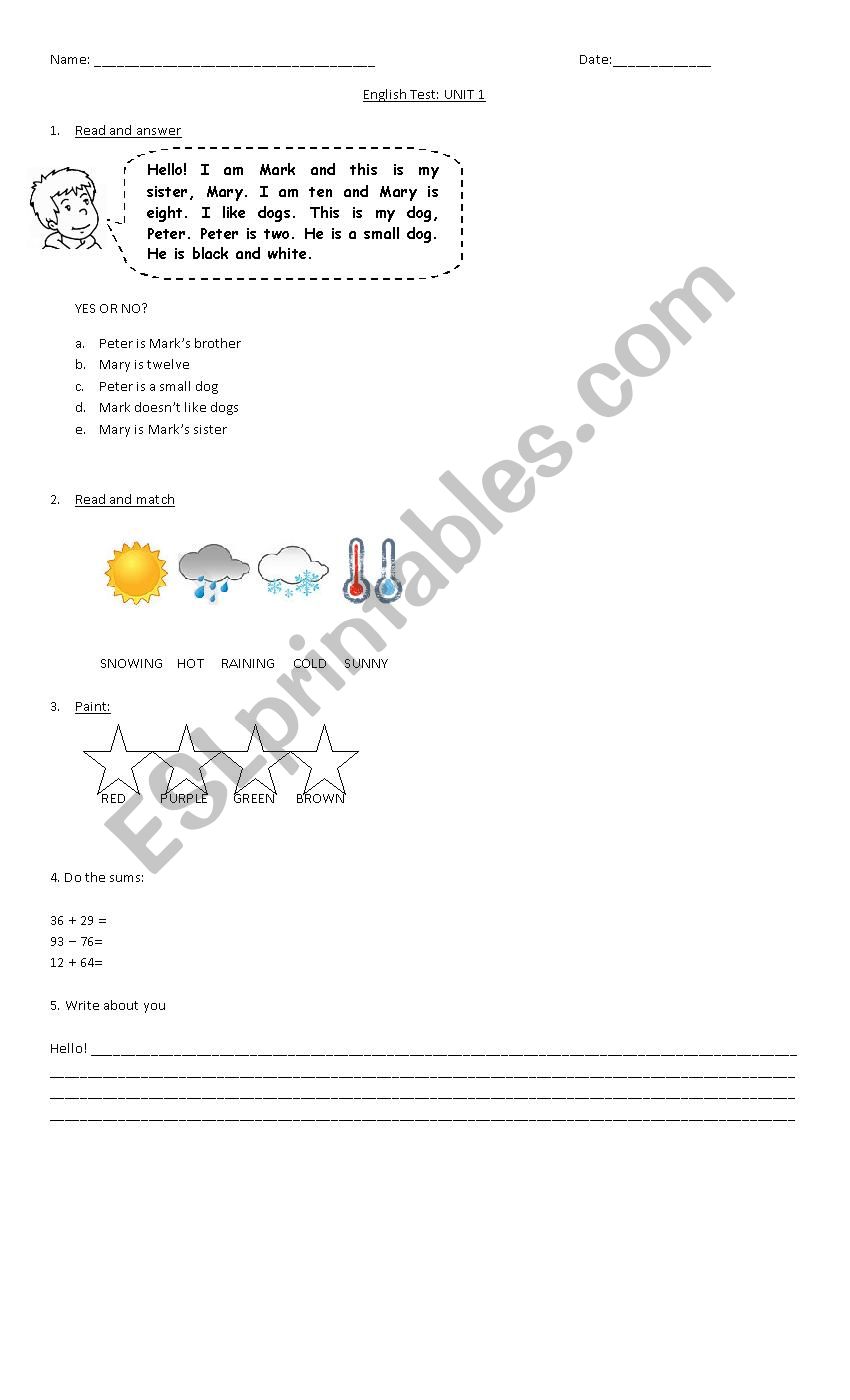 Test for unit one go 2 worksheet