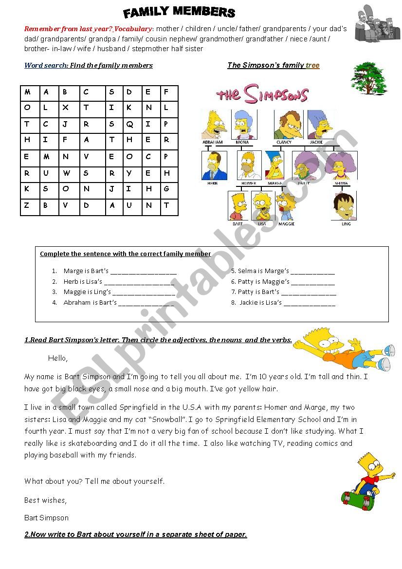 The Simpsons family: vocabulary, wordsearch,family tree and Barts personal description 