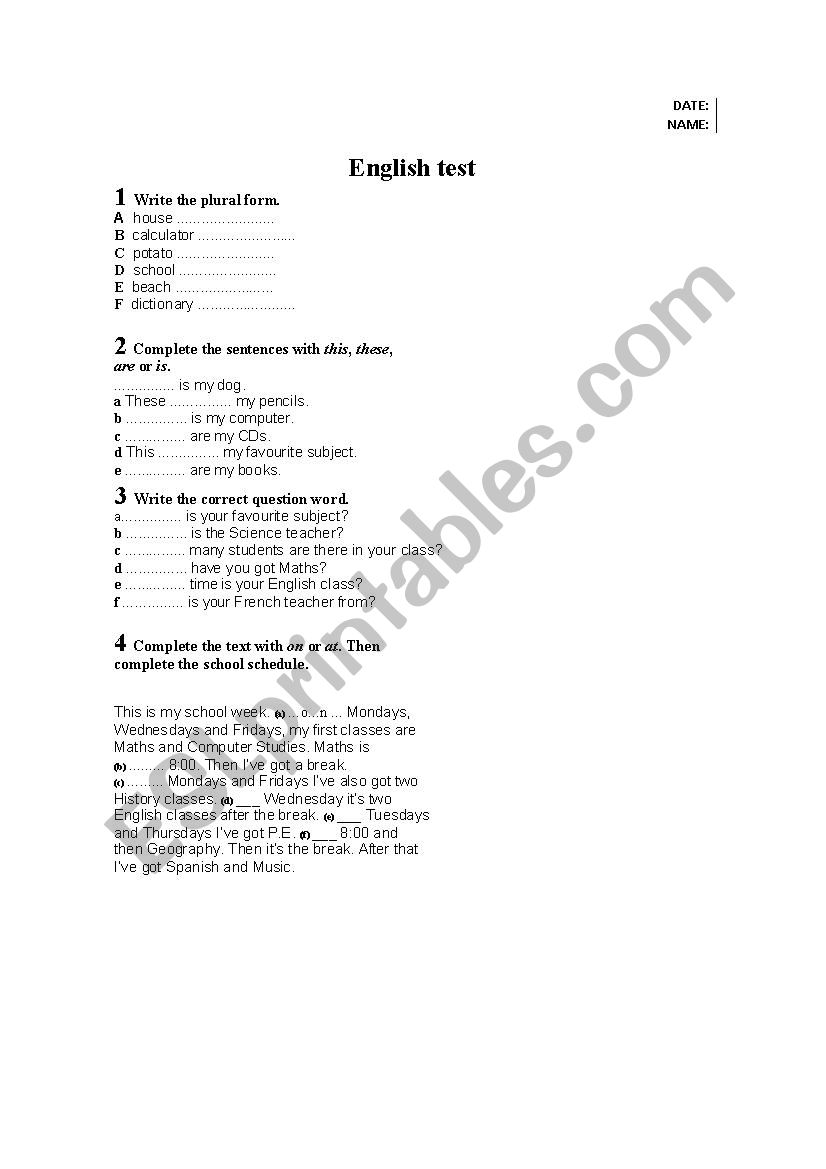 elementary test worksheet