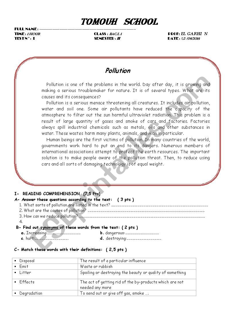 first year bac test second term