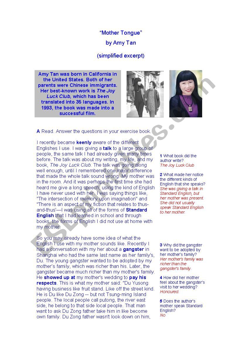 mother tongue amy tan discussion questions