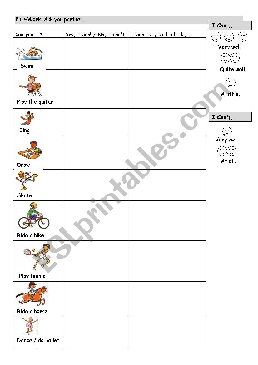 How well can you..? worksheet