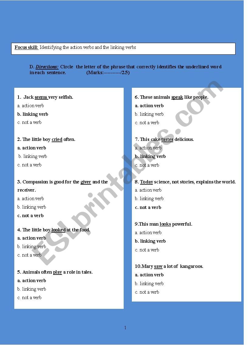 25th form Grammar test(Verbs- helping/main/ action linking With Linking And Helping Verbs Worksheet
