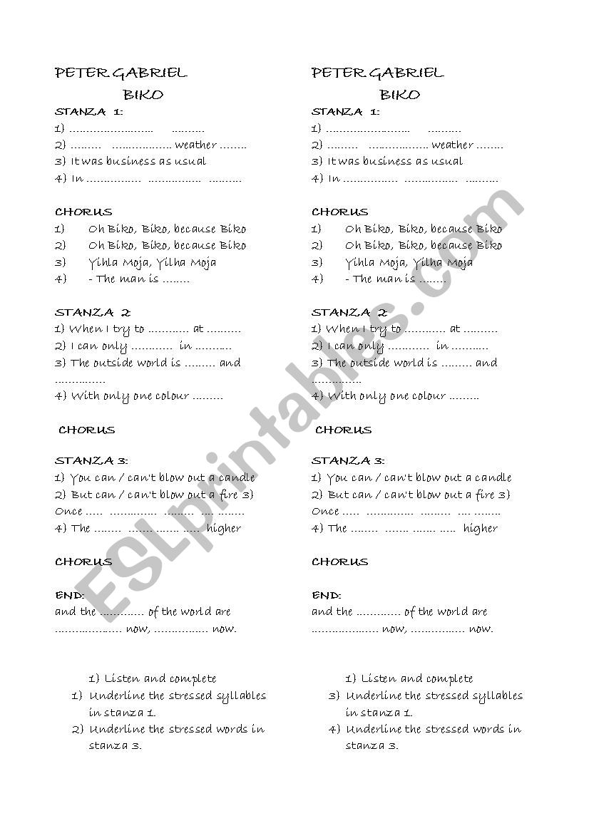 Biko by Peter Gabriel  worksheet