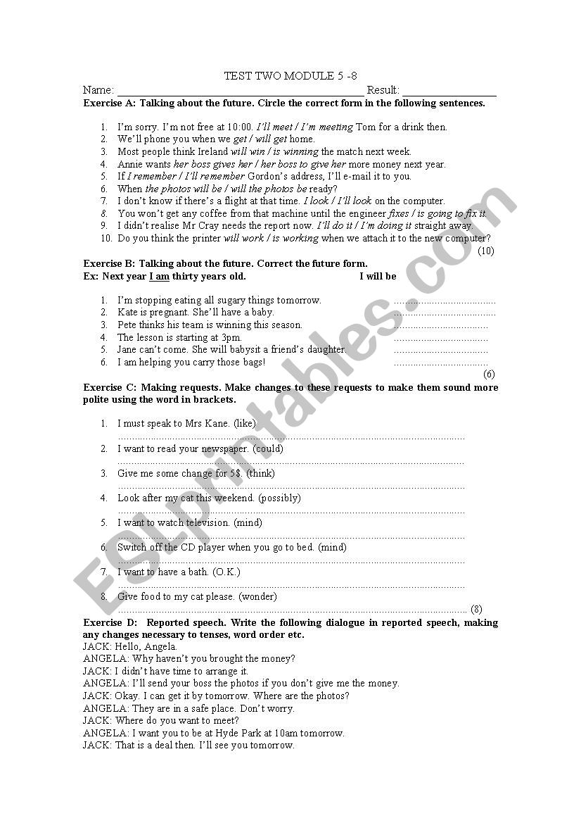 Intermediate test worksheet