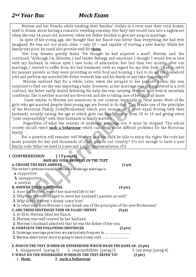 mock exam 2nd year bac North Africa Countries - ESL worksheet by joemoore