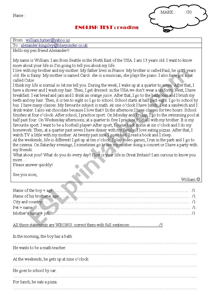 Email: daily life worksheet