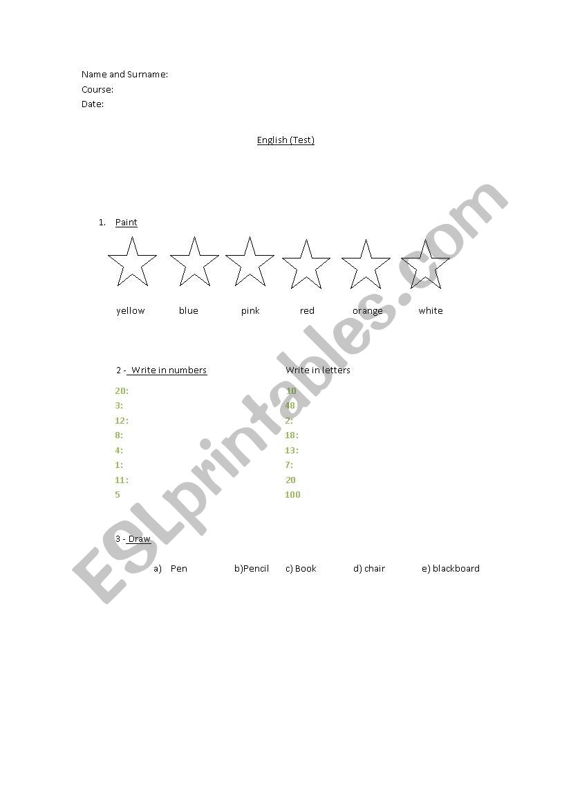 numbers and colours worksheet