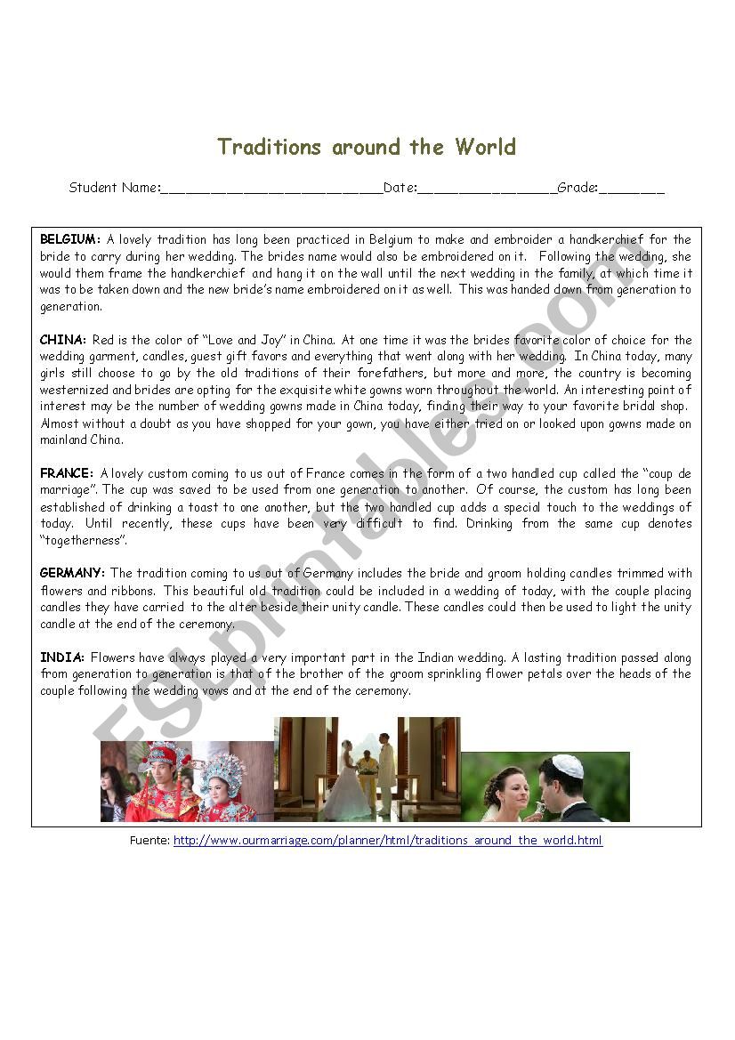 Traditions around the world worksheet