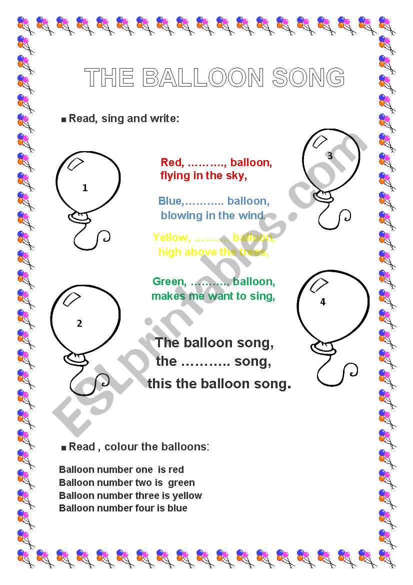 THE BALLOON  SONG worksheet