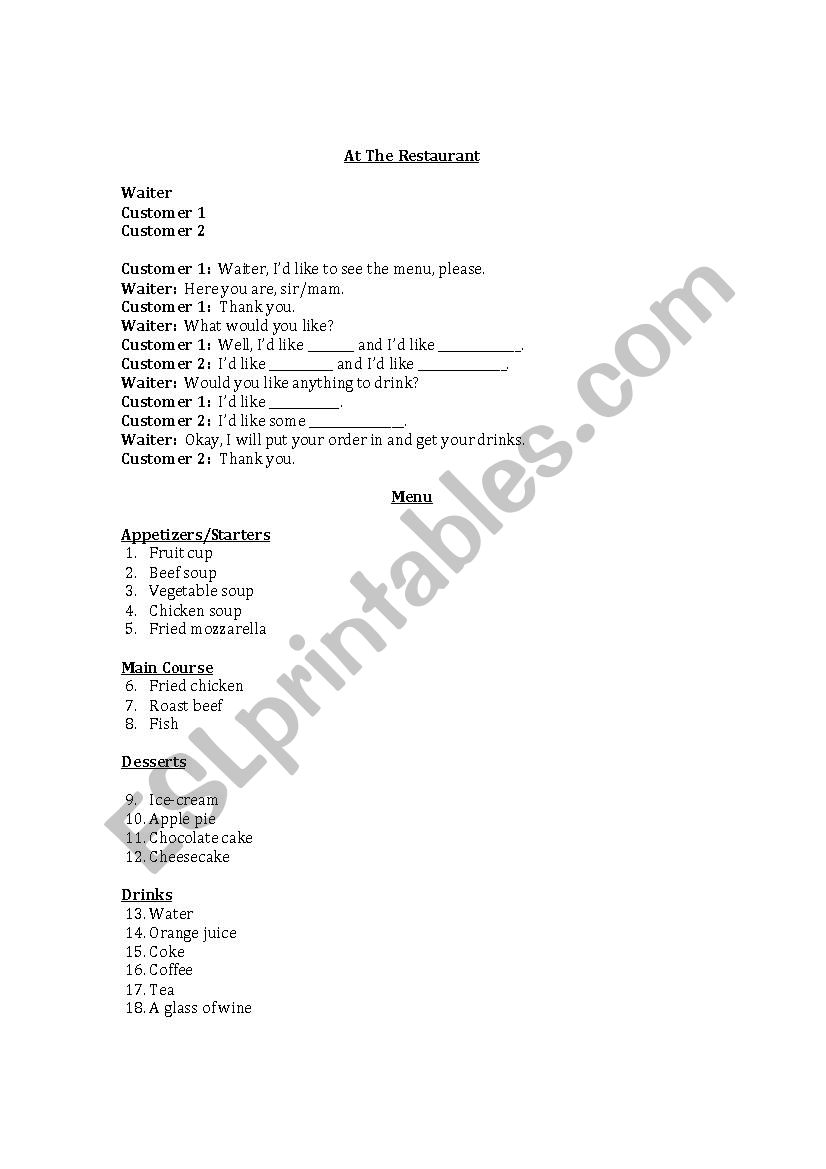 At the Restaurant Role Play worksheet