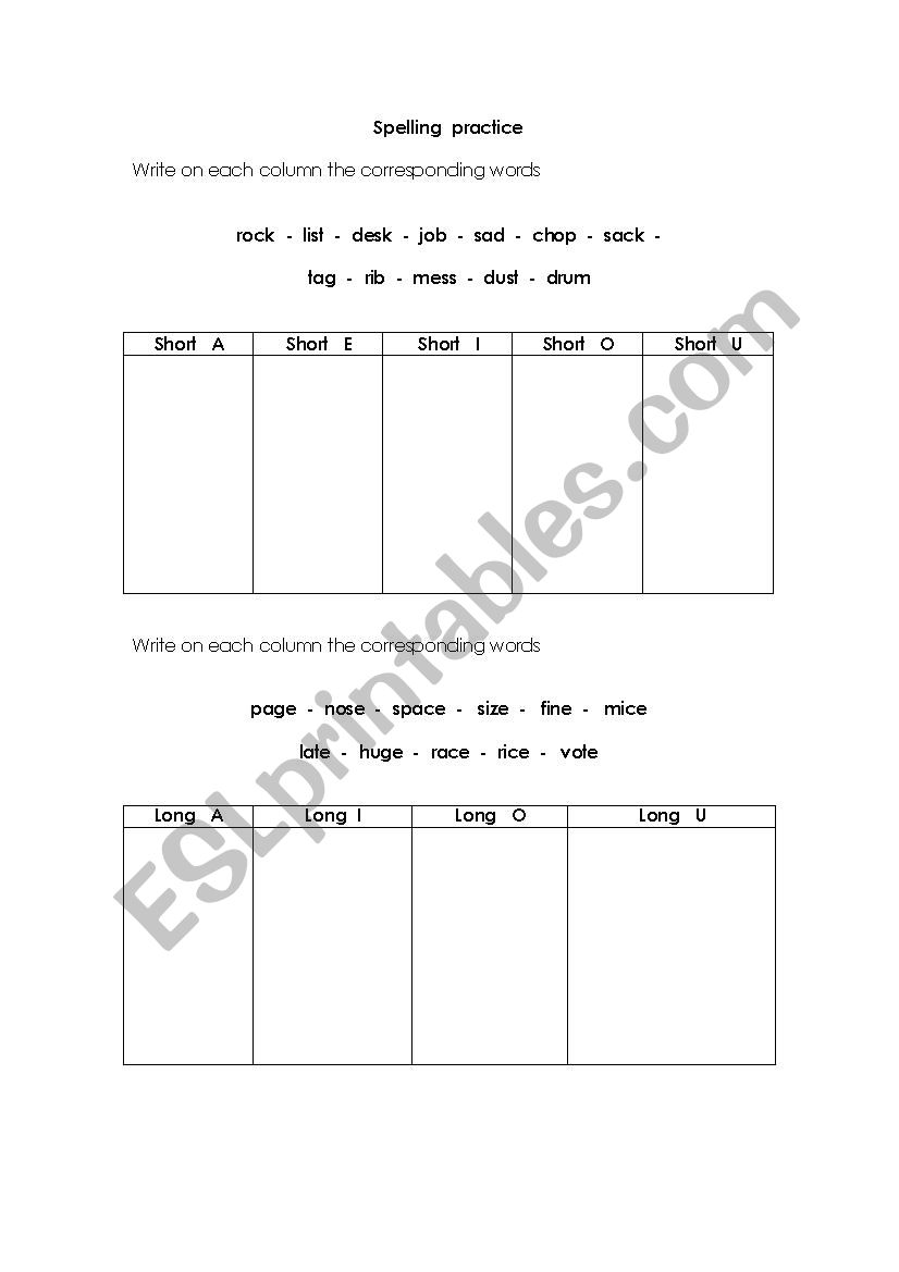 spelling vowwels worksheet