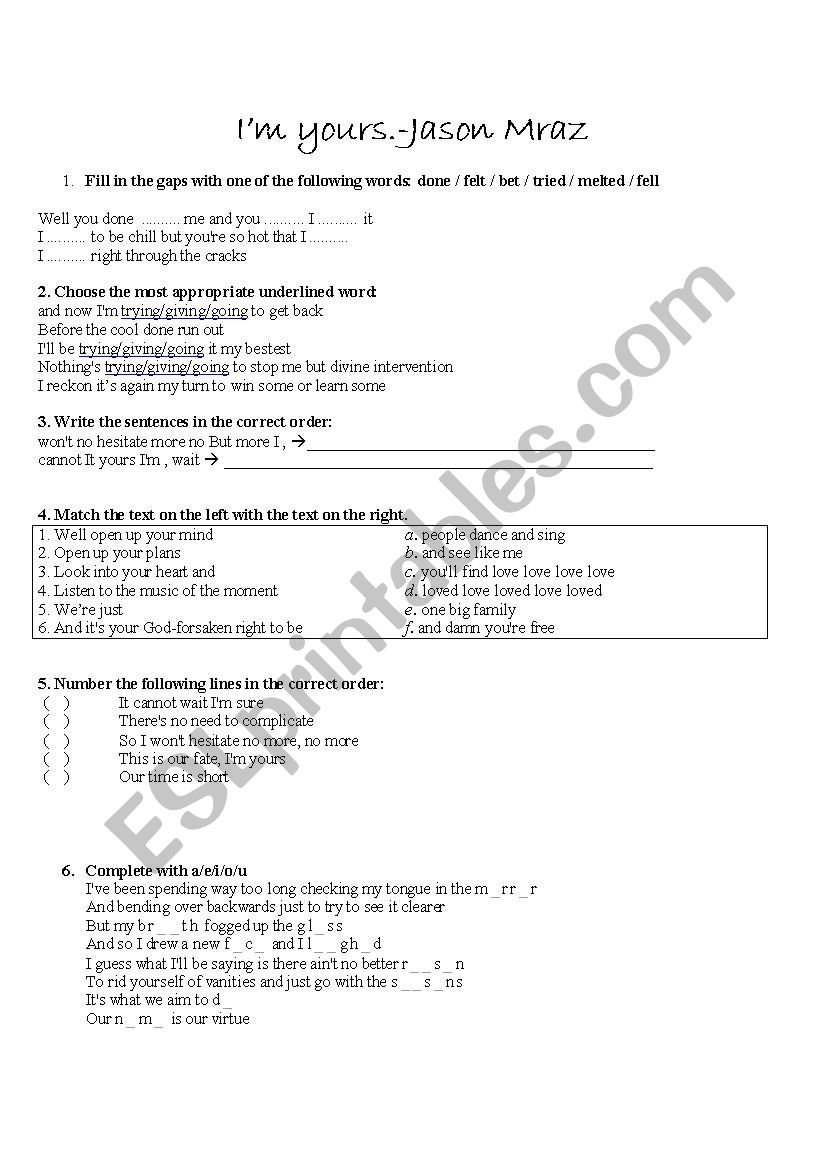 Im yours - Jason Mraz worksheet