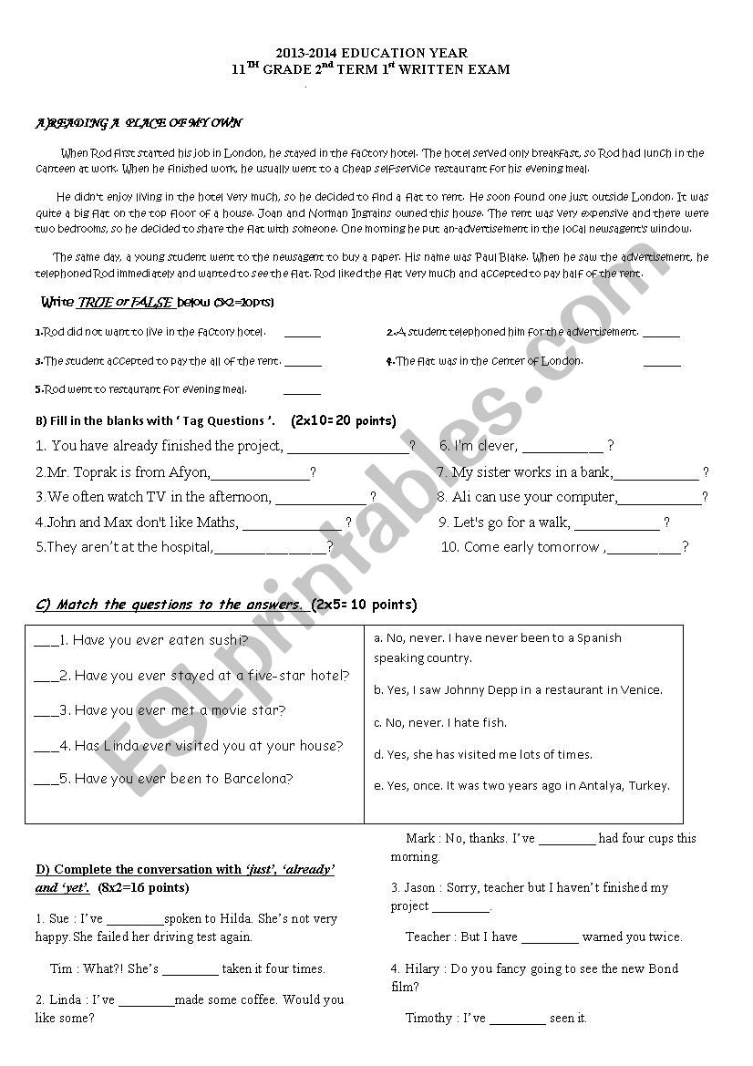 11th grade exam worksheet