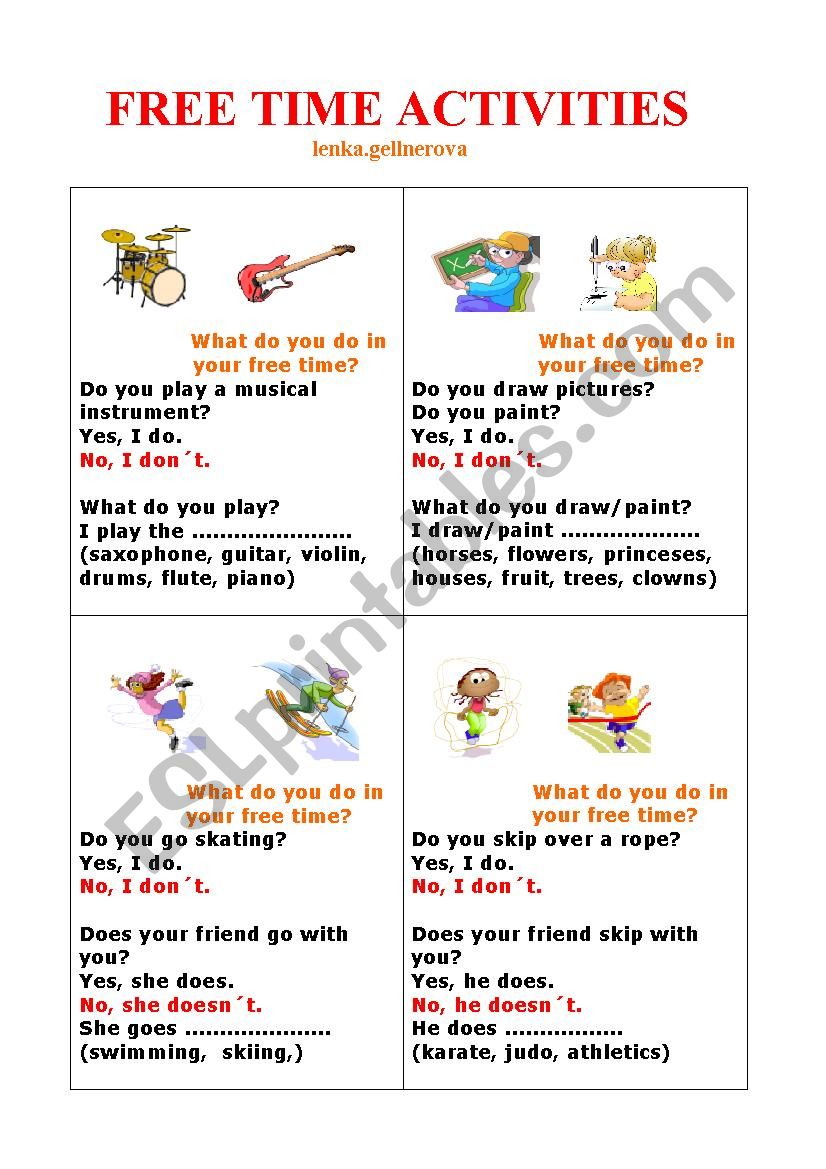 FREE TIME ACTIVITIES  Present Simple Speaking Cards 