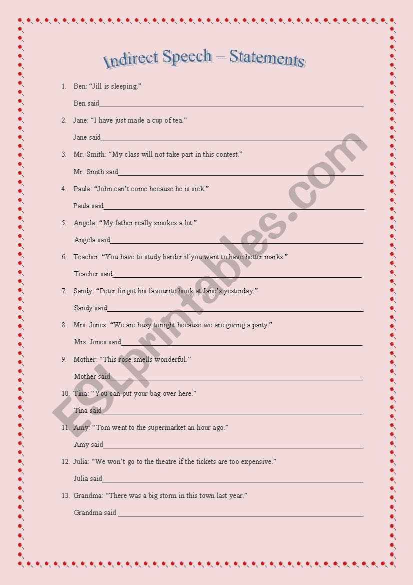 Indirect Speech: Statements worksheet