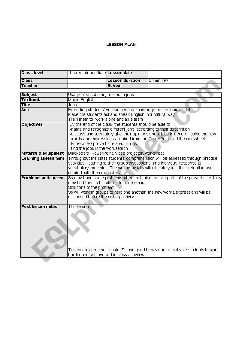 Lesson plan -jobs worksheet