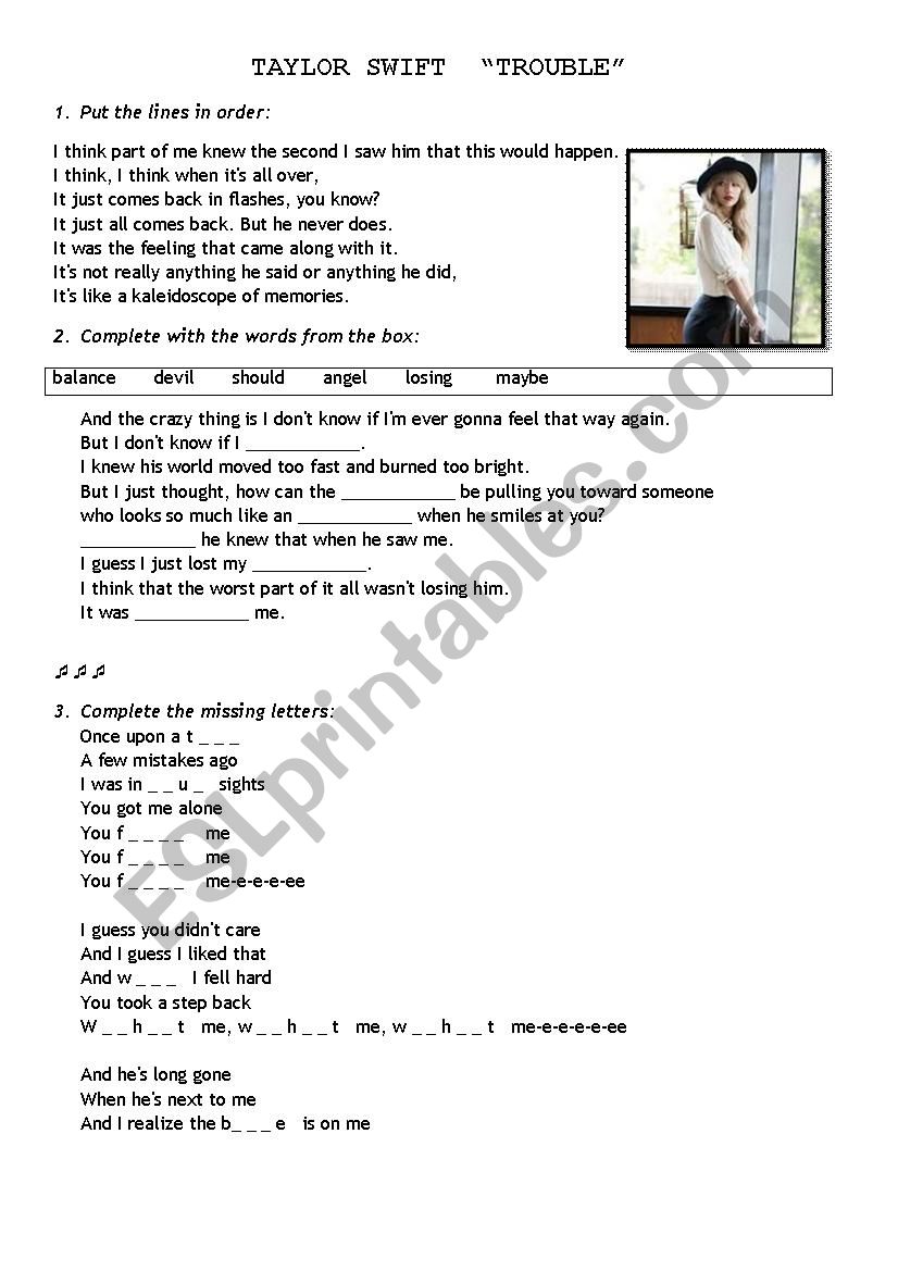 I Knew You Were Trouble - Taylor Swi…: English ESL worksheets pdf & doc