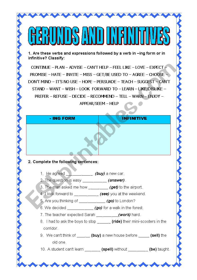 Gerunds and Infinitives worksheet