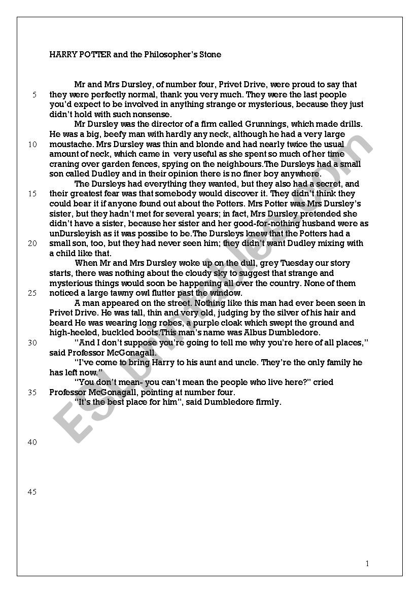 HARRY POTTER chapter 1 worksheet