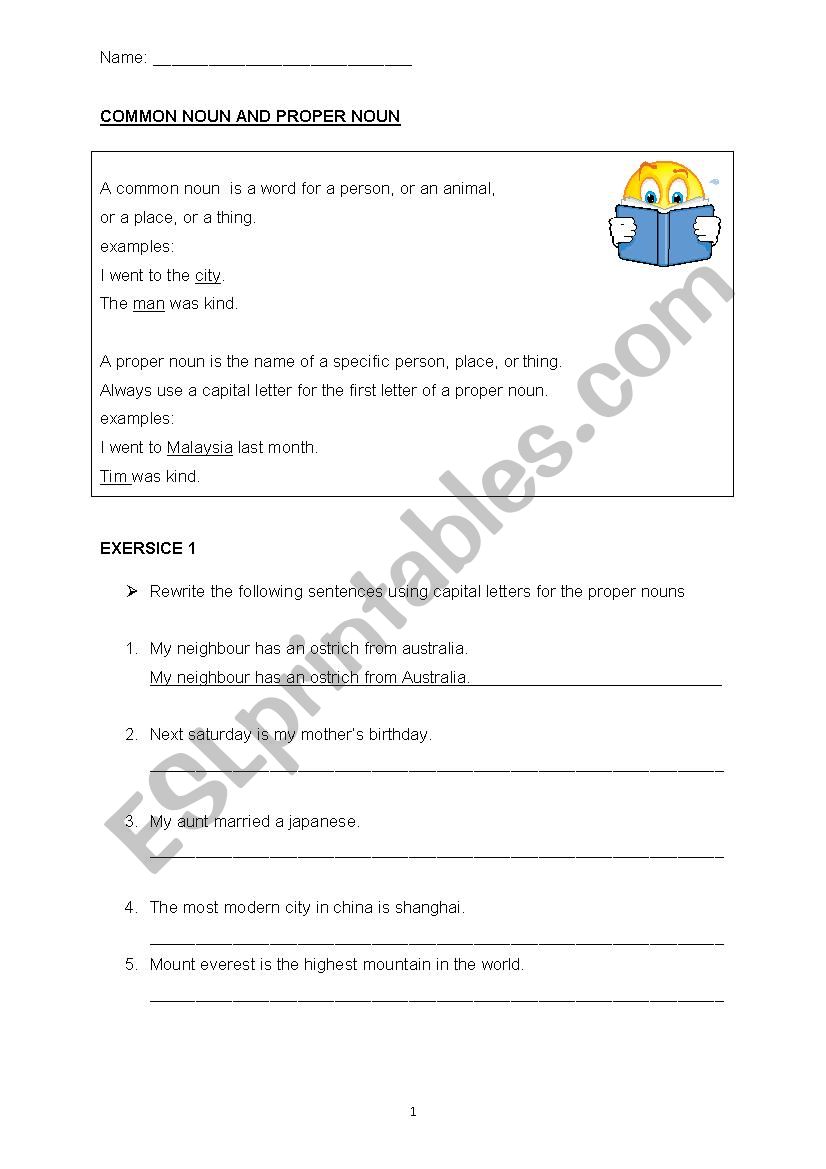 Common nouns and proper nouns worksheet