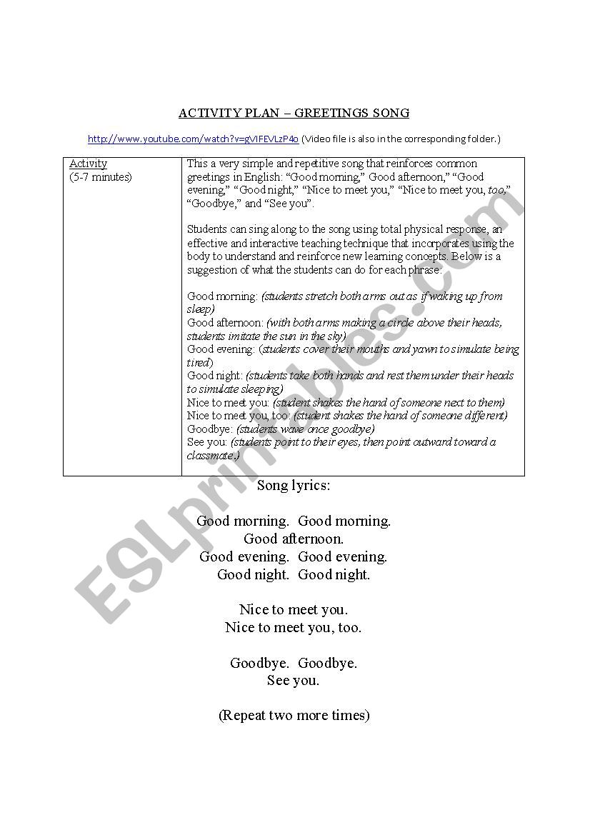 Greetings Song worksheet