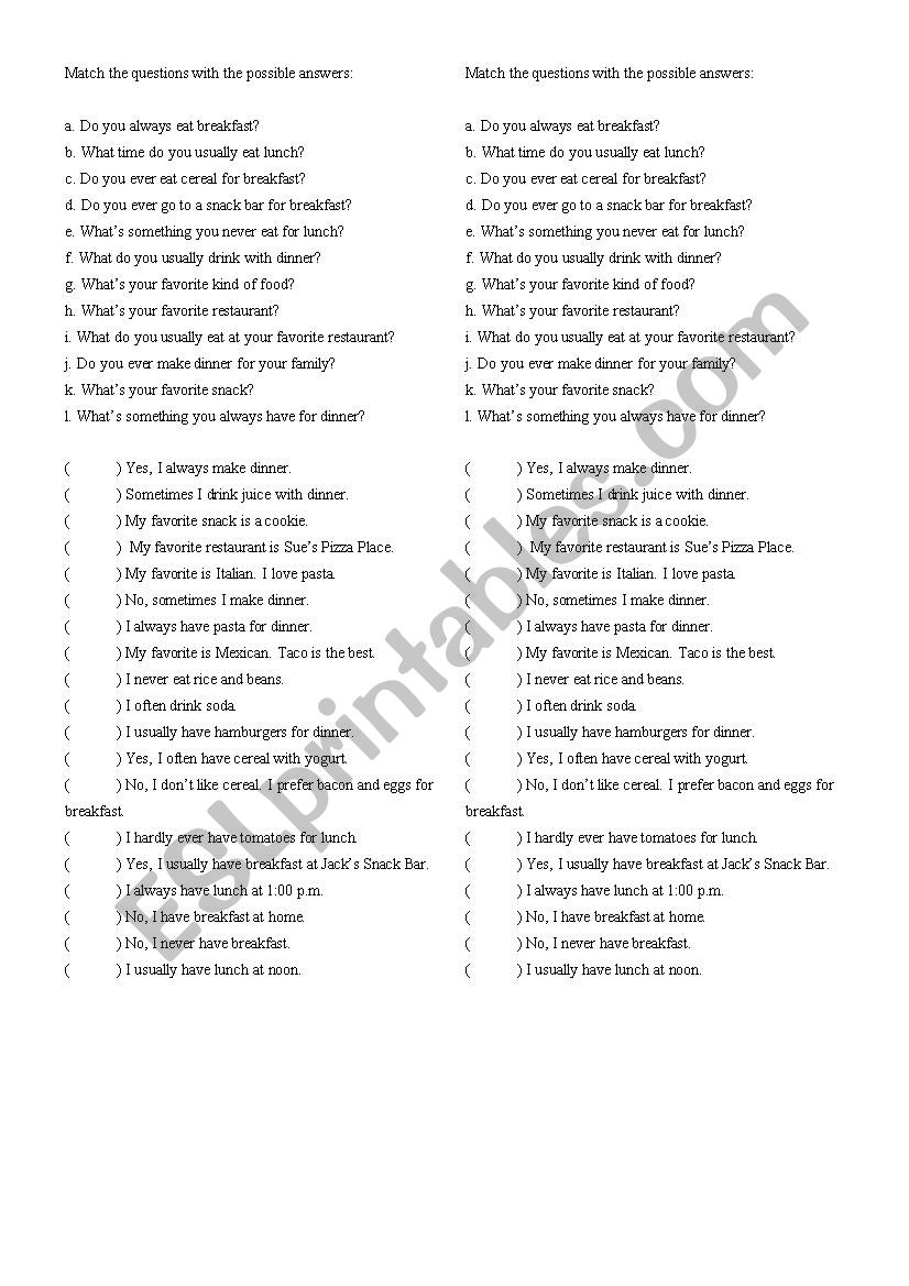 Meal-time habits worksheet