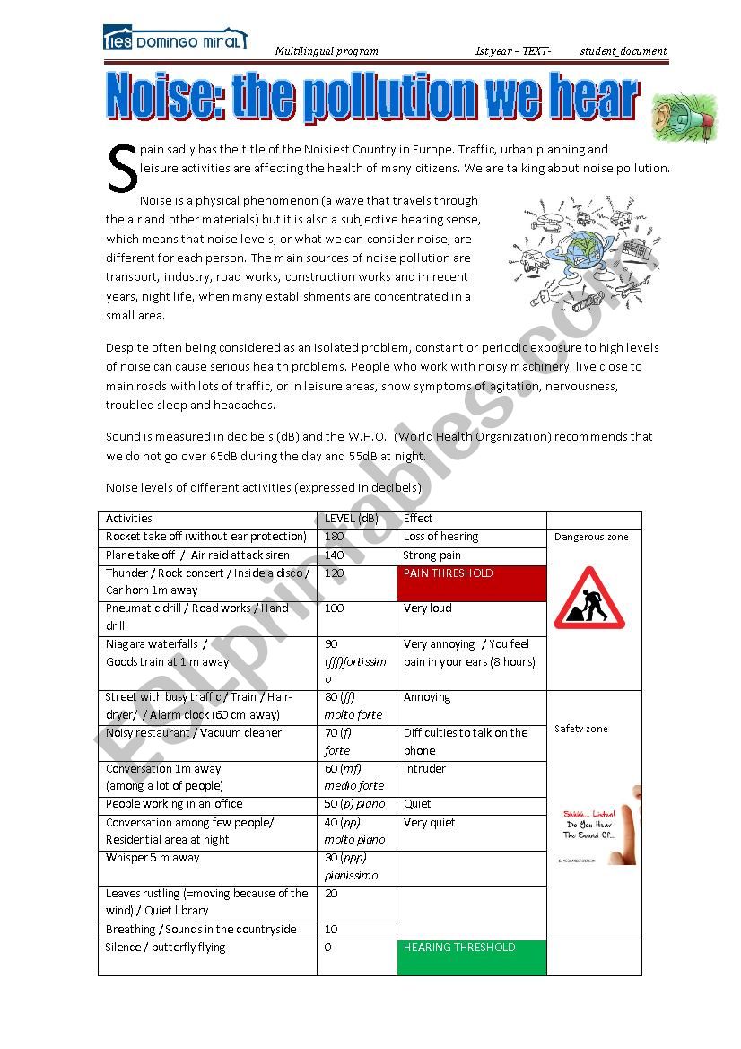 Noise: the pollution we hear worksheet