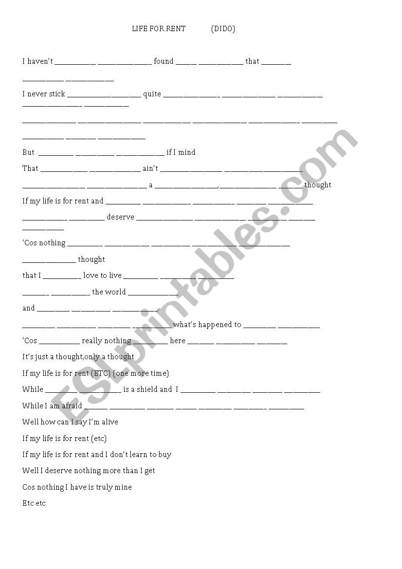 Life for rent song  worksheet